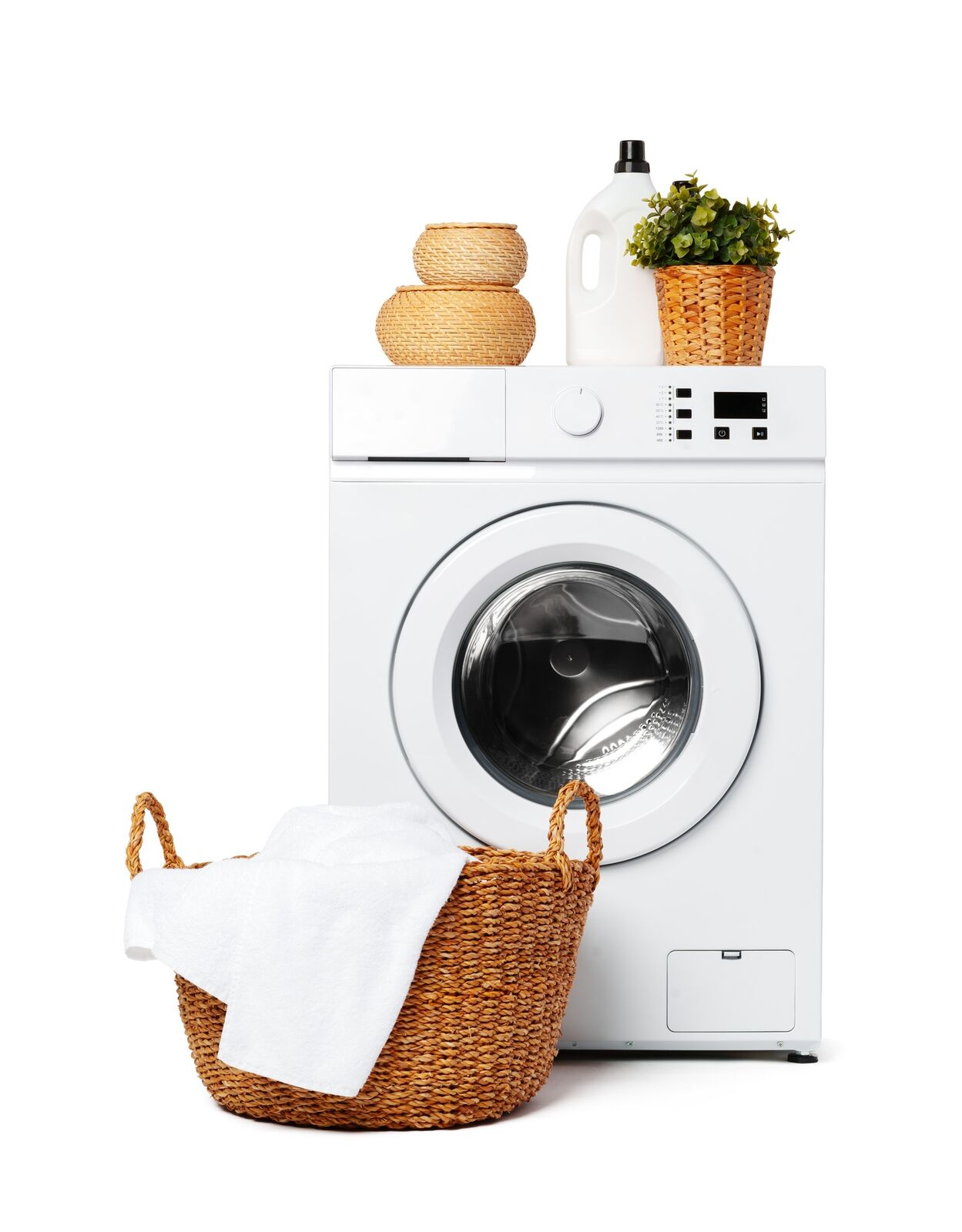 White Laundry Washing Machine With Basket and Detergent Bottles